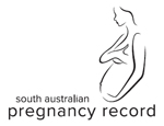 Line drawing of a pregnant woman with words south australian pregnancy record - black on white