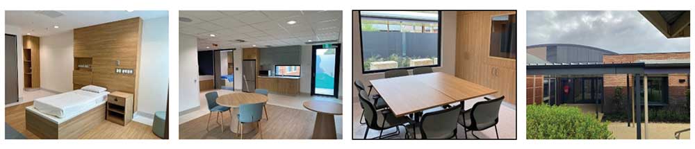 Left to right: bedroom; open-plan living area; multi-purpose space with courtyard view; exterior view near hospital wards.