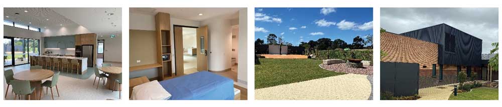Left to right: open-plan living area; bedroom with doorless ensuite; outdoor space with yarning circle and unit view.